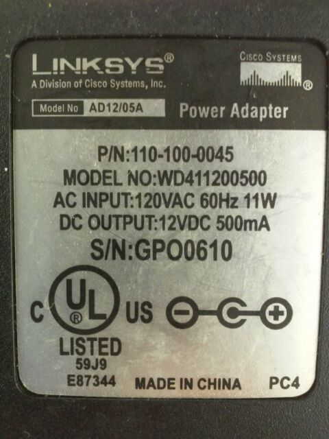 New 12V 500mA Linksys Wd411200500 110-100-0045 Power Supply Ac Adapter